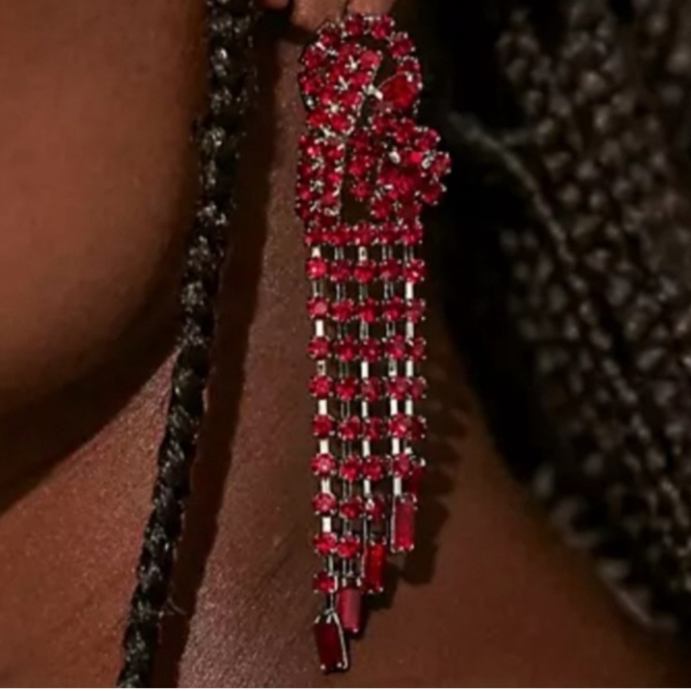 Free People New On Card Follow The Rhythm Red Crystal Fringe Drop Earrings - Picture 2 of 10
